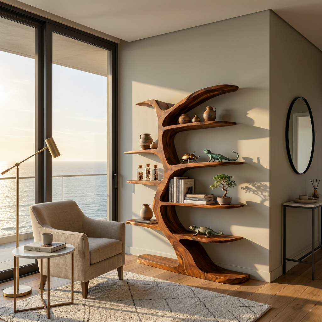 Modern Bookshelf Tree Inspired Curved Design For Living Room
