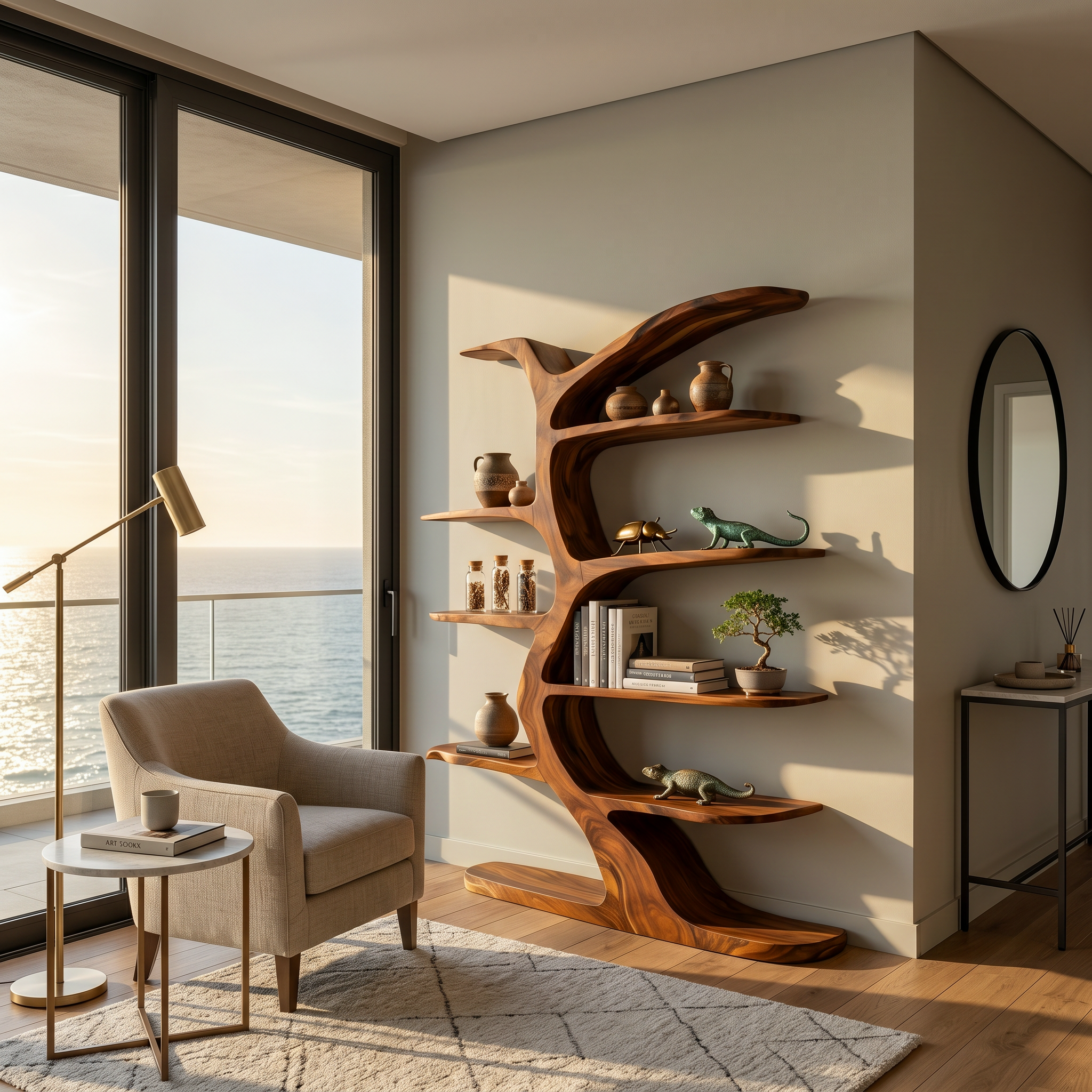 Modern Bookshelf Tree Inspired Curved Design For Living Room