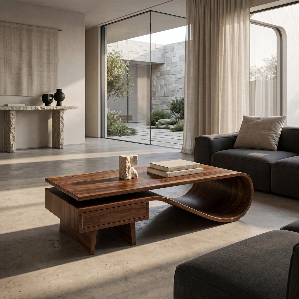 Modern Curved Coffee Table With Drawers For Living Room