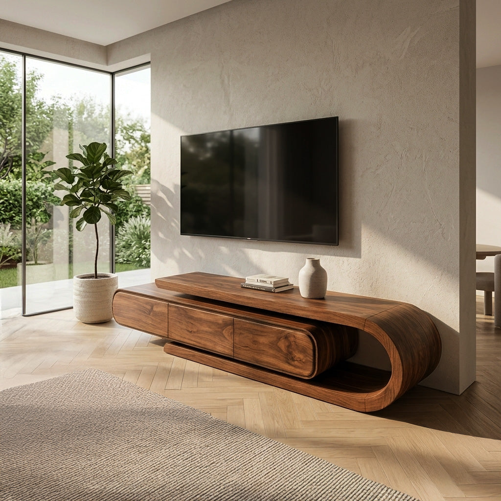 Contemporary Curved Wooden TV Console For Living Room