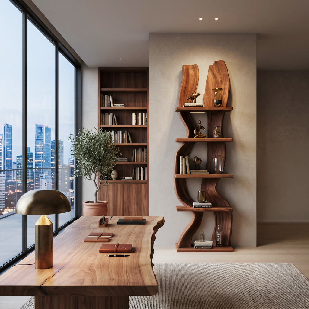 Modern Rustic Standing Shelf With Curved Silhouette For Living Room