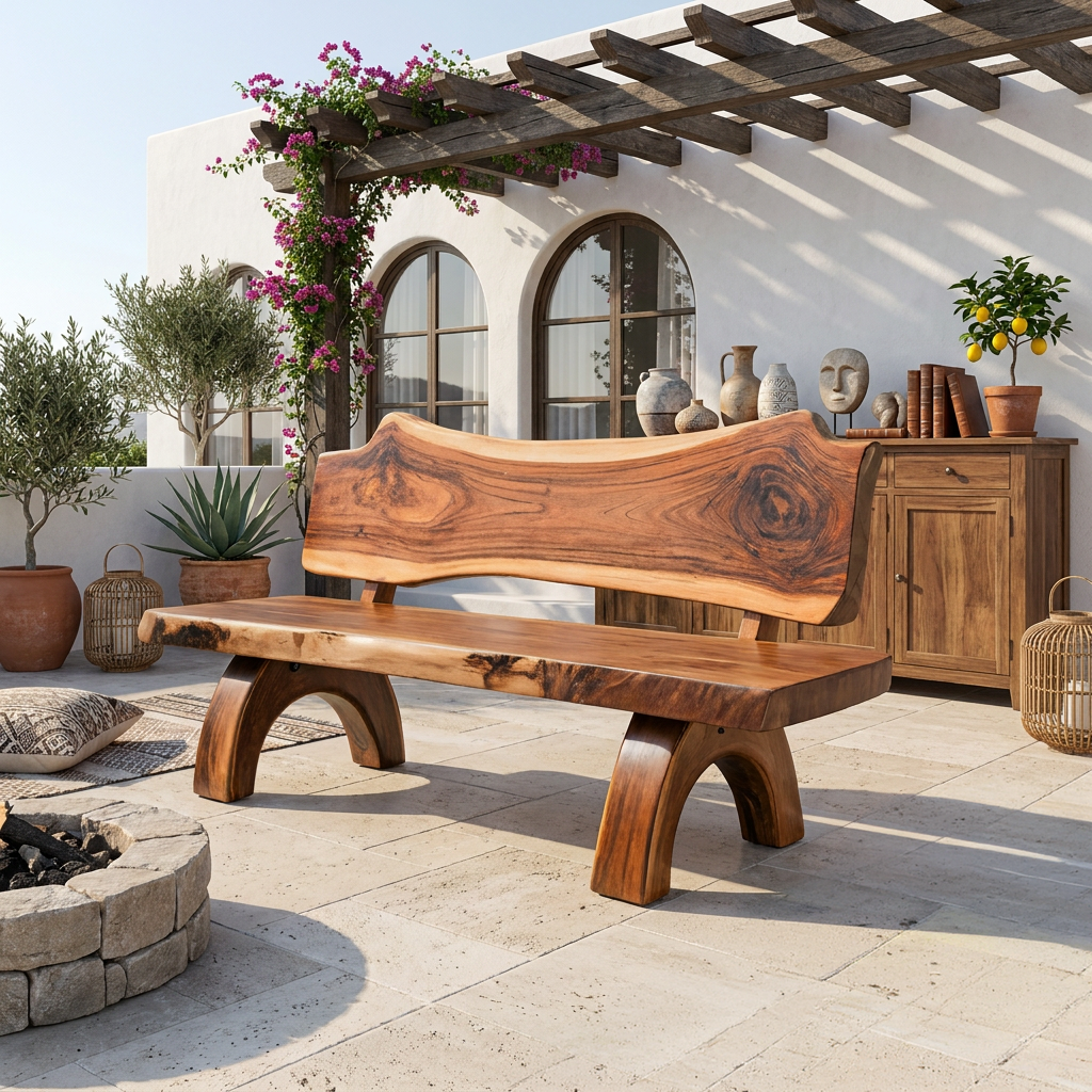 Rustic Live Edge Bench With Backrest For Patio Garden Courtyard