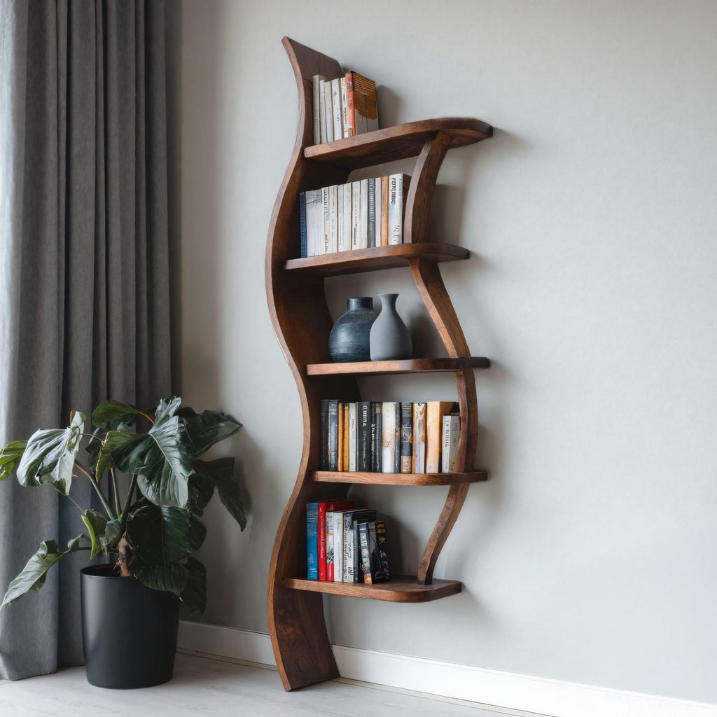Modern Sculptural Bookshelf With Curved Design For Living Room