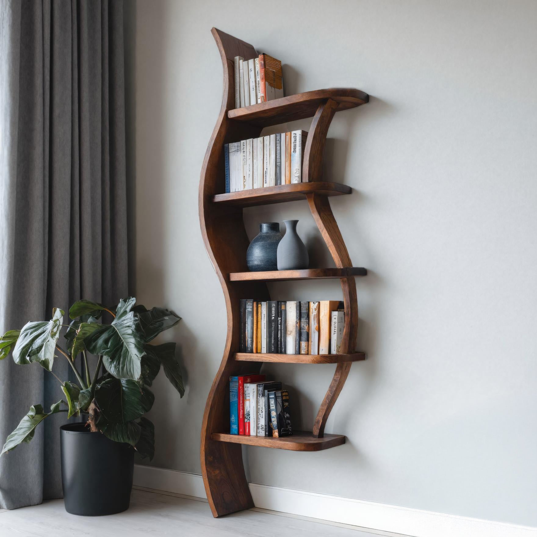 Modern Sculptural Bookshelf With Curved Design For Living Room