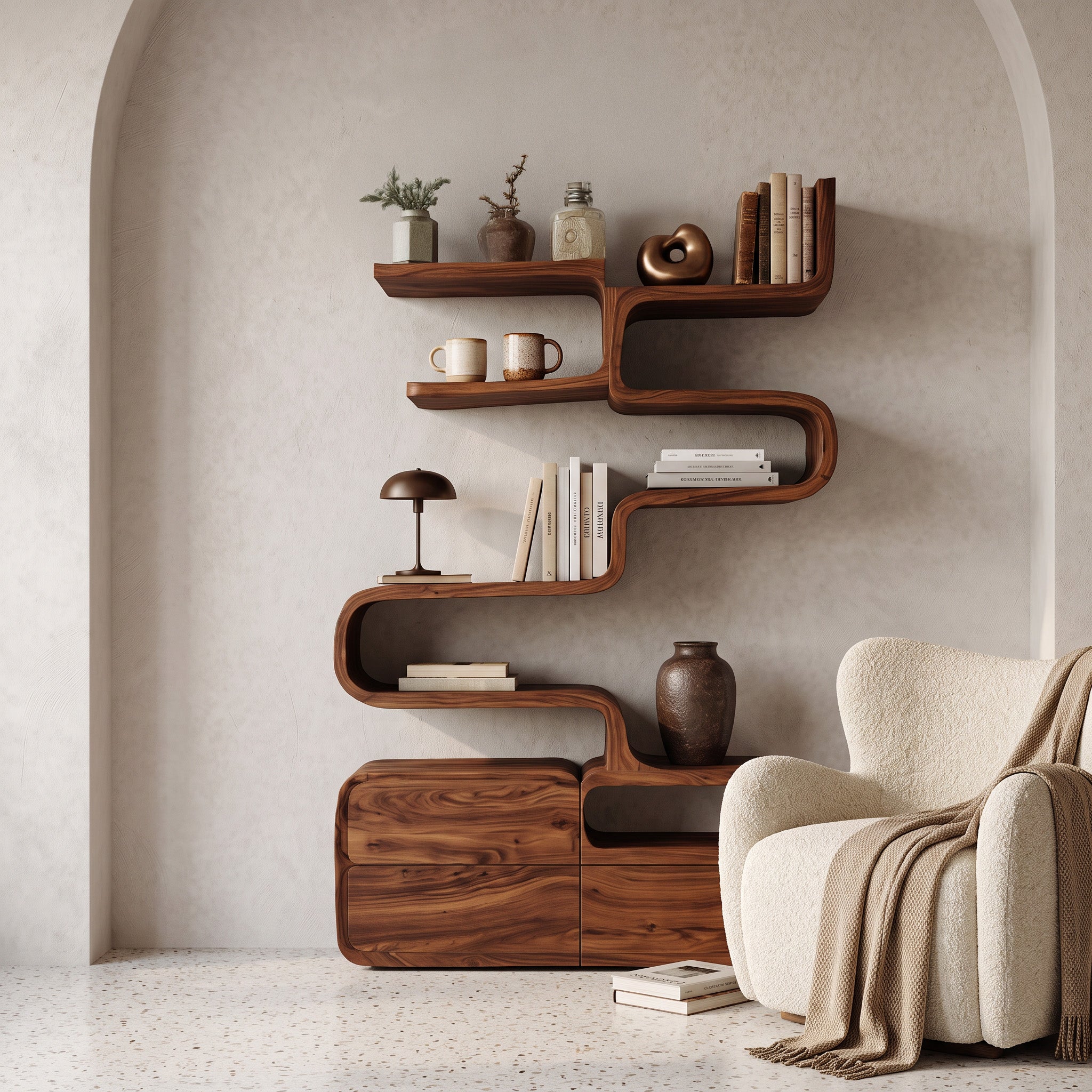 Scandinavian Sculptural Wooden Bookshelf For Living Room