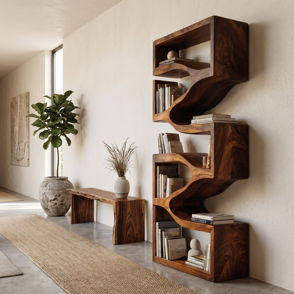 Sculptural Wooden Wall Bookcase For Modern BedRoom