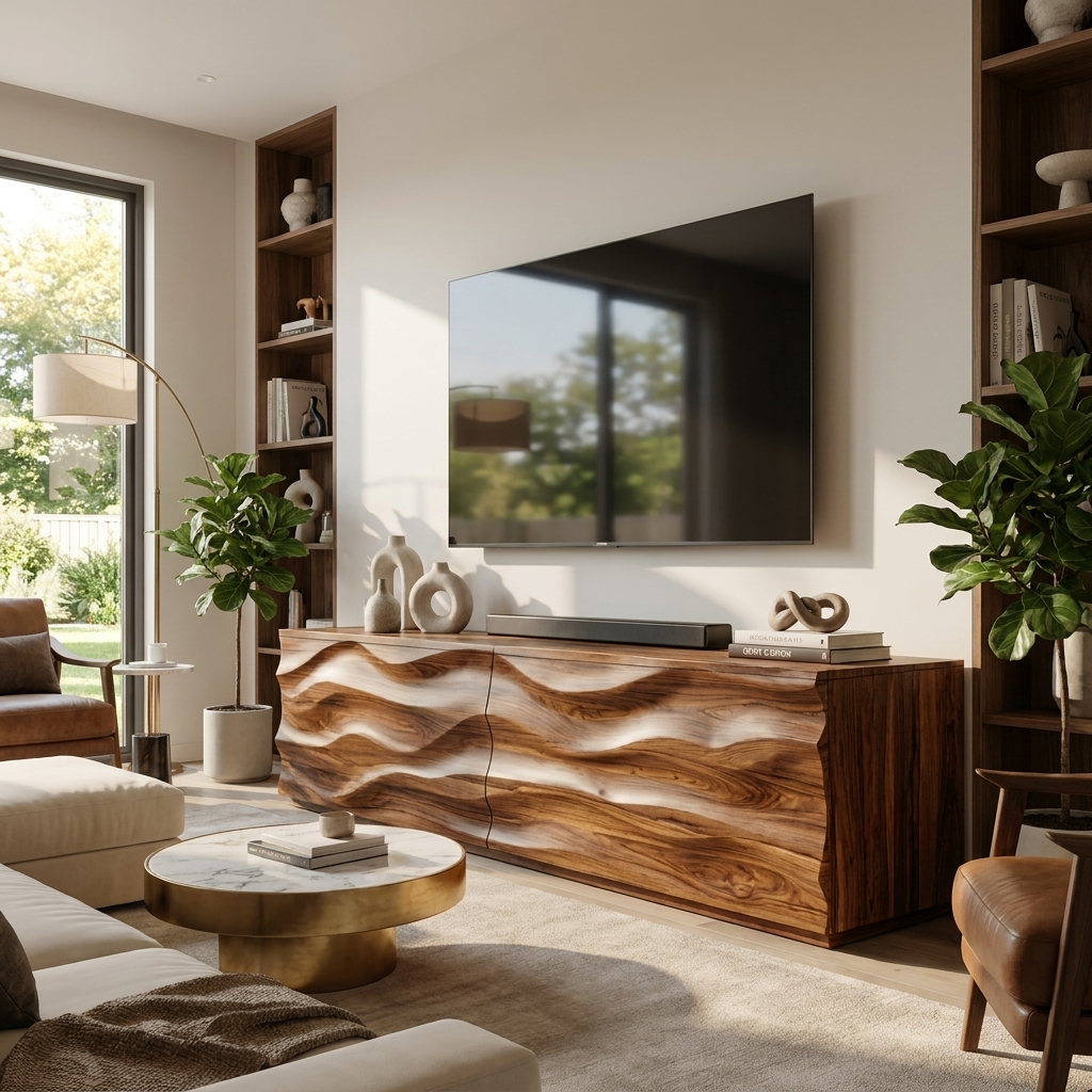 Modern Carved Media Console With Wave Front For Living Room