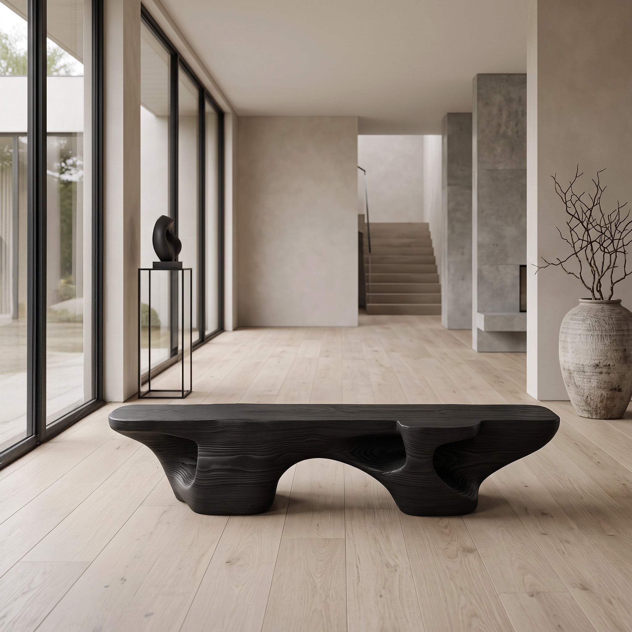 Contemporary Sculptural Bench With Carved Design For Living Room