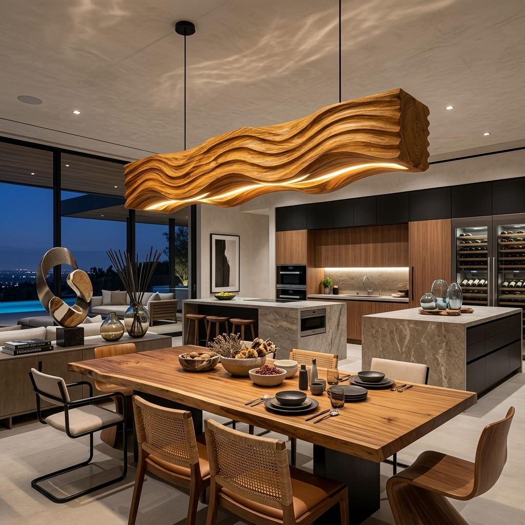 Sculpted Pendant Light Featuring Flowing Wave Carving For Dining