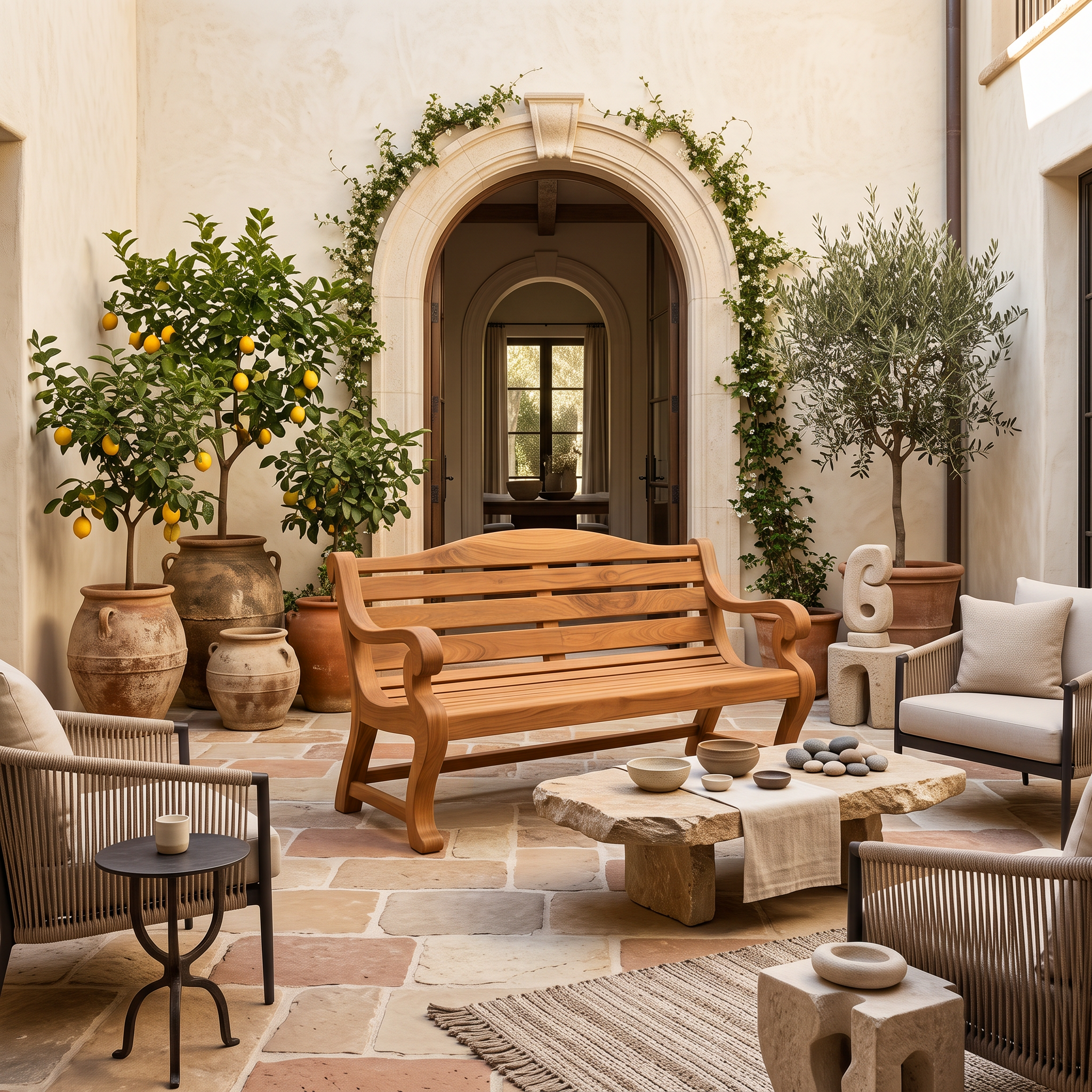 Classic Curved Wood Garden Bench With Sculpted Arms For Patio Or Entryway