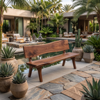 Contemporary Outdoor Wood Bench With Sculpted Back For Patio Or Courtyard