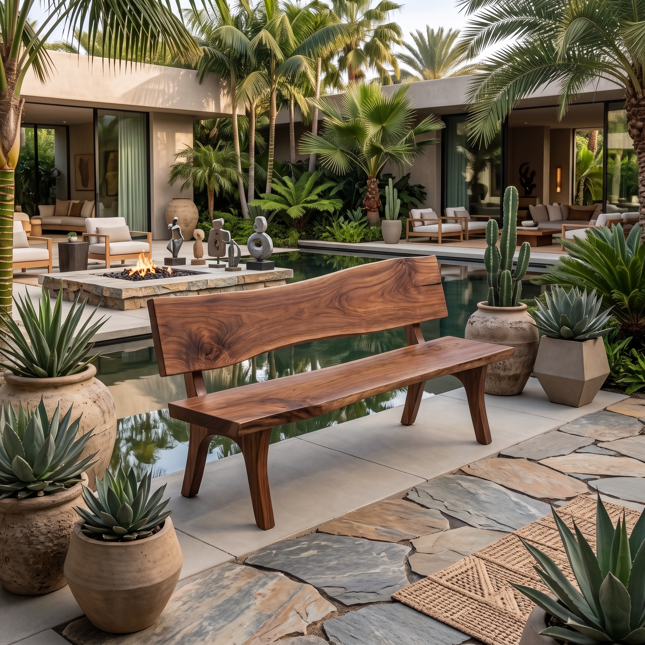 Contemporary Outdoor Wood Bench With Sculpted Back For Patio Or Courtyard