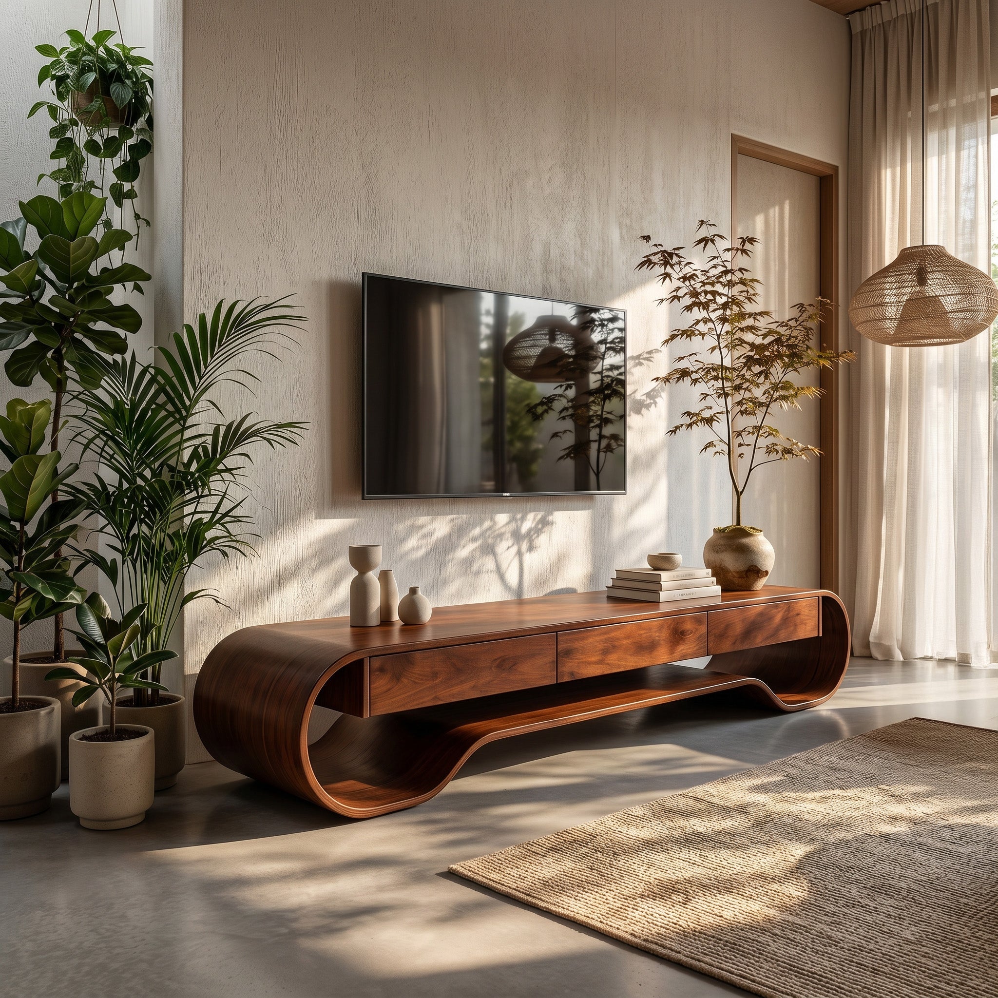 Sculpted Curved Media Console With Storage For Living Room