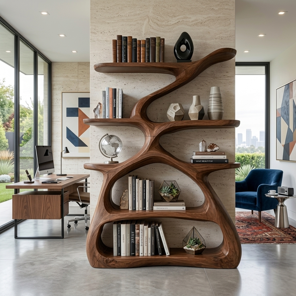 Modern Sculptural Bookshelf With S Shaped Design For Living Room