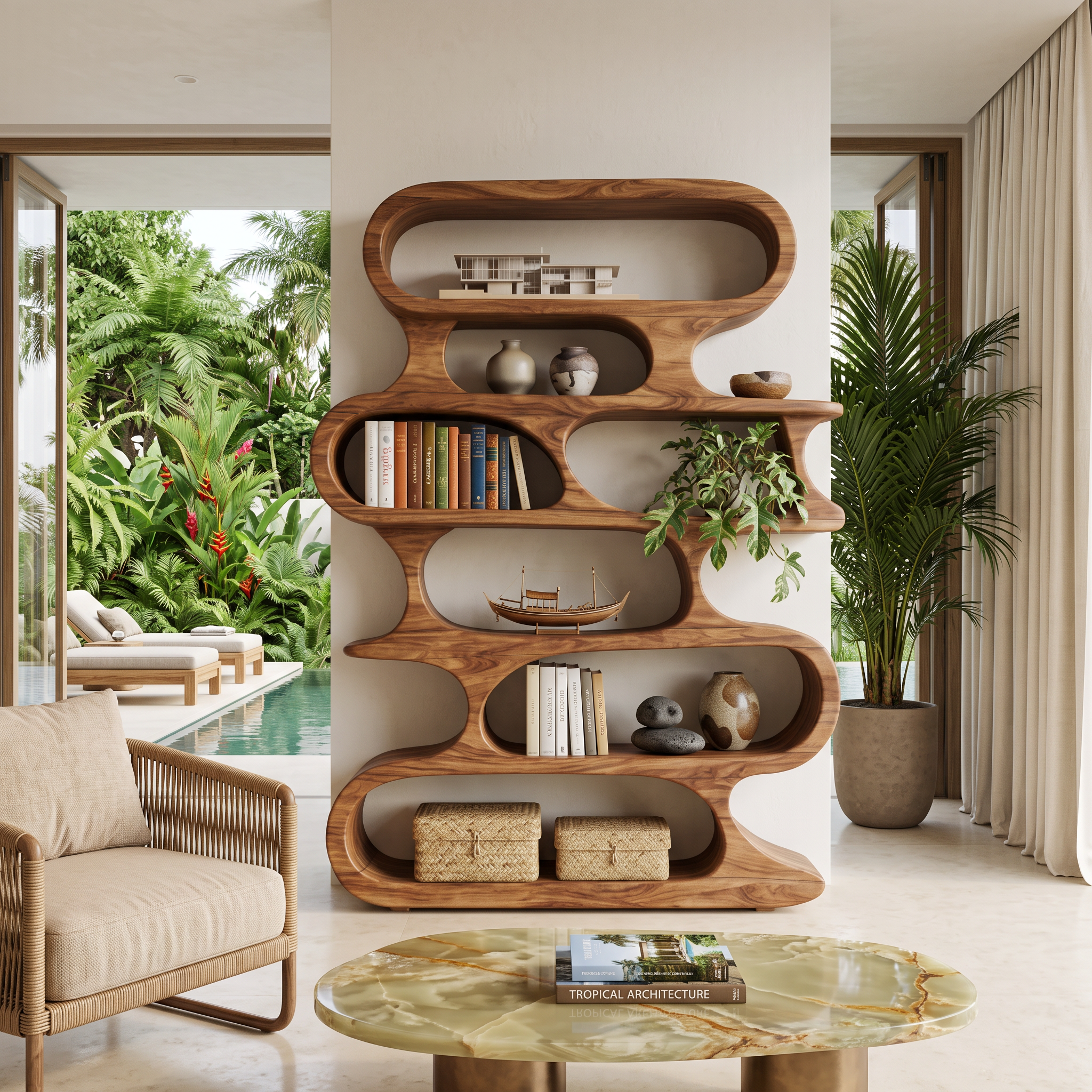 Mid Century Modern Wall Shelf With Flowing Shape For Living Room And Office