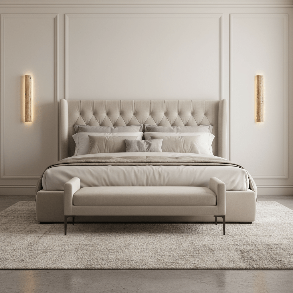 Solterra travertine sconce illuminated up and down