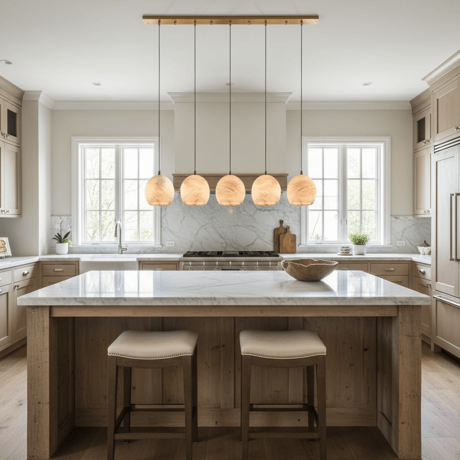 Auris 5-light linear marble chandelier over a dining table