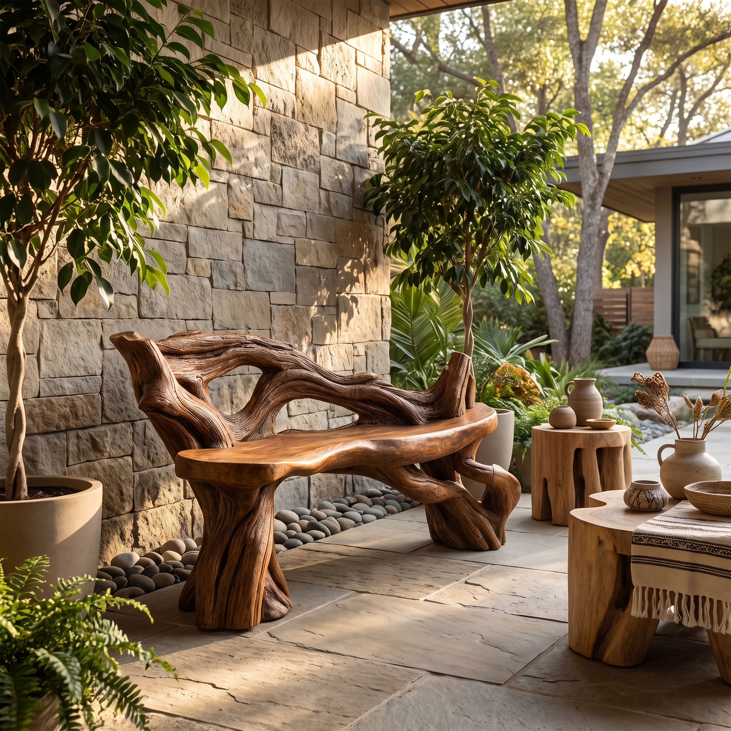 Handcrafted Branch Bench Outdoor Decor For Hand Carved Gardens