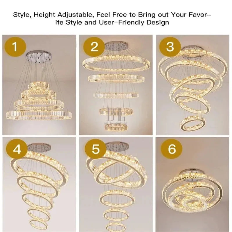 6 Tier Crystal Ring Chandelier for High Ceiling - ChromeWarm white 3000Kcasivra