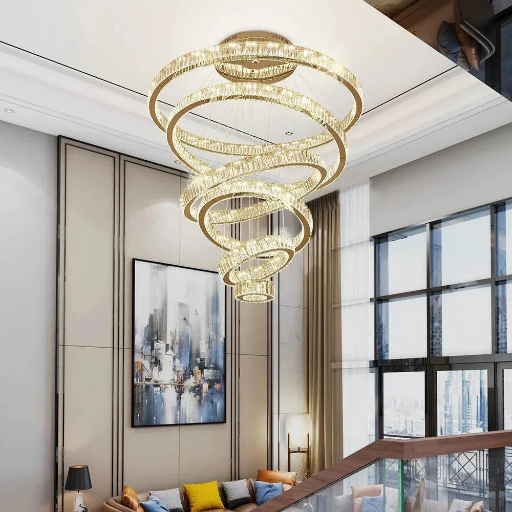 6 Tier Crystal Ring Chandelier for High Ceiling - GoldWarm white 3000Kcasivra