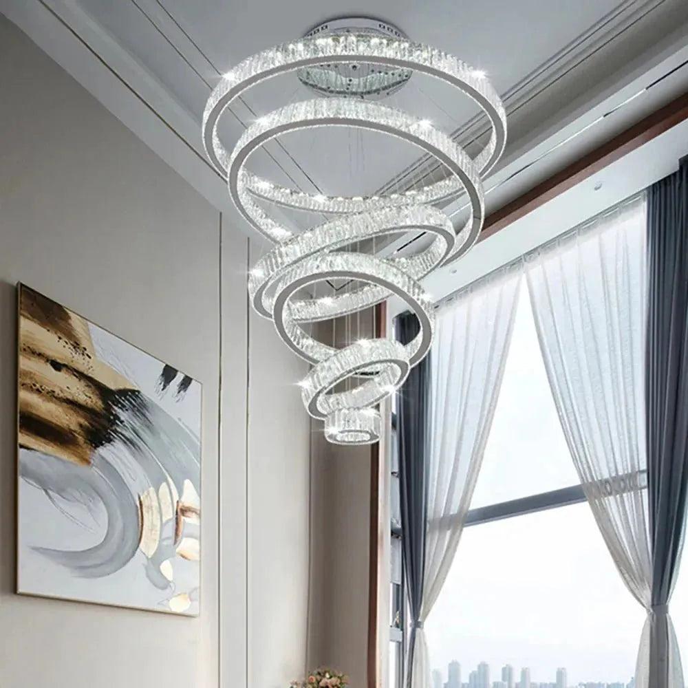 6 Tier Crystal Ring Chandelier for High Ceiling - ChromeWarm white 3000Kcasivra