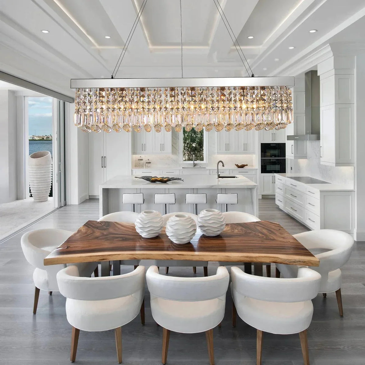 Gio 47-inch clear crystal dining chandelier over a dining table