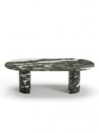 Luxury Green Forest Marble Oval Dining Table with Sculptural D-Shaped Pedestal Base