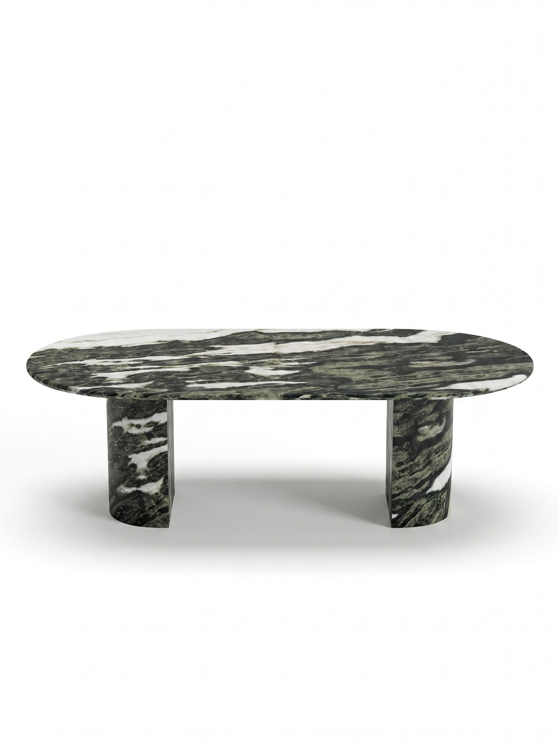 Luxury Green Forest Marble Oval Dining Table with Sculptural D-Shaped Pedestal Base
