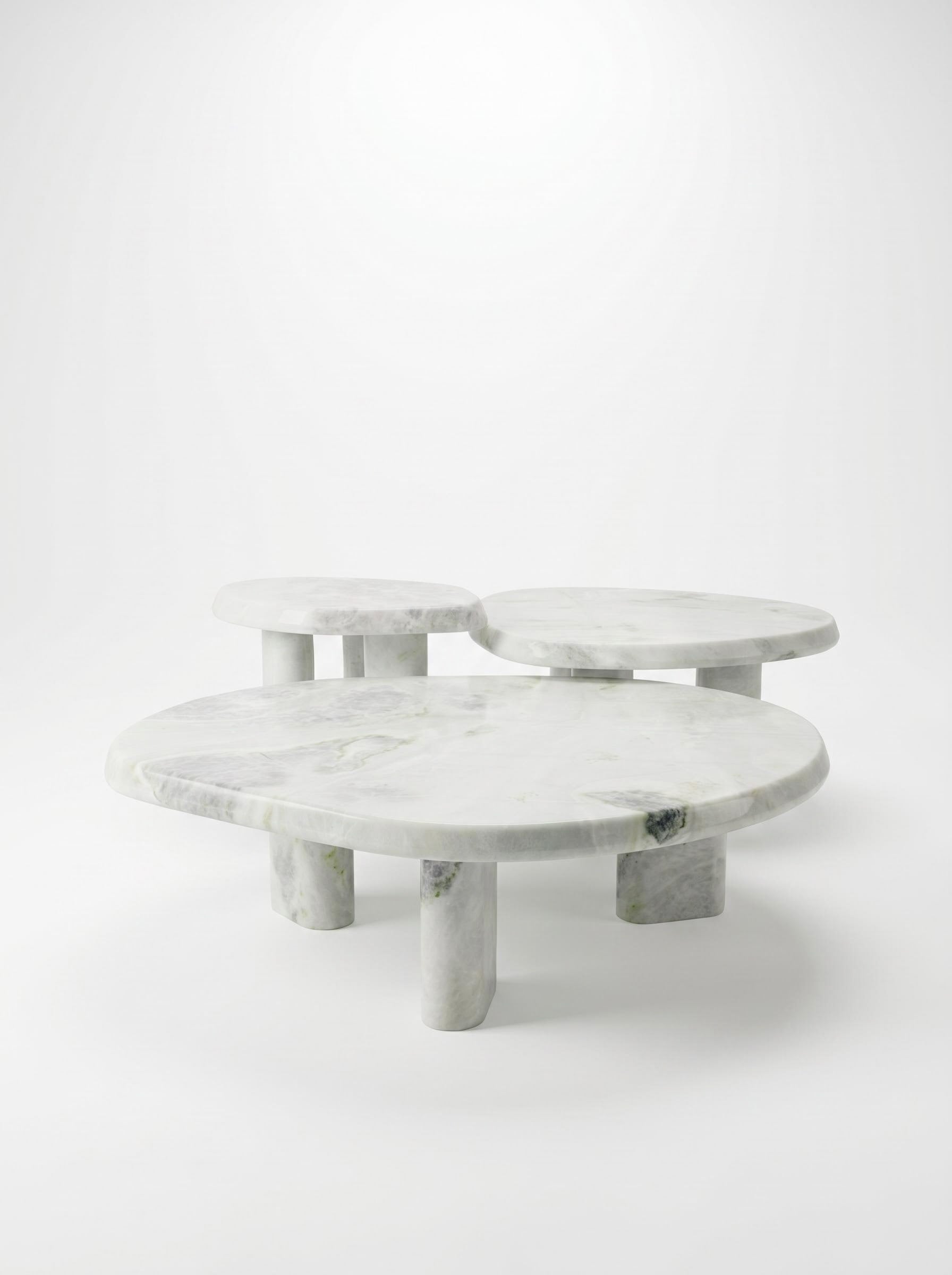 Luxury Green Forest Marble Nesting Coffee Table Set with Three Organic Sculptural Pieces