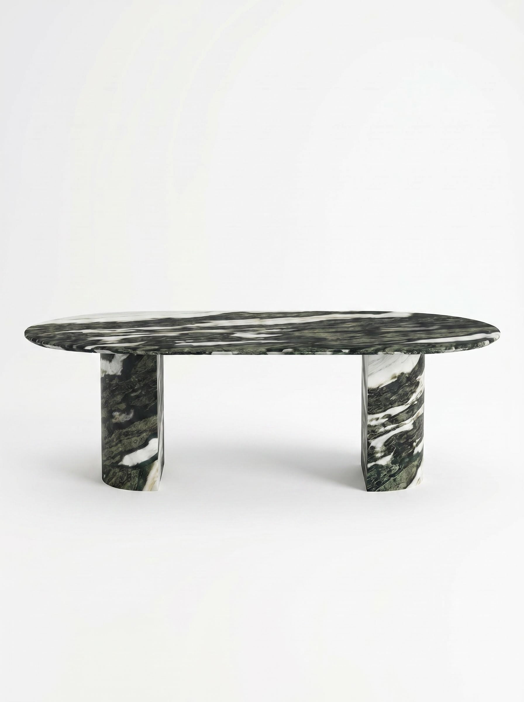 Luxury Green Forest Marble Oval Dining Table with Sculptural D-Shaped Pedestal Base