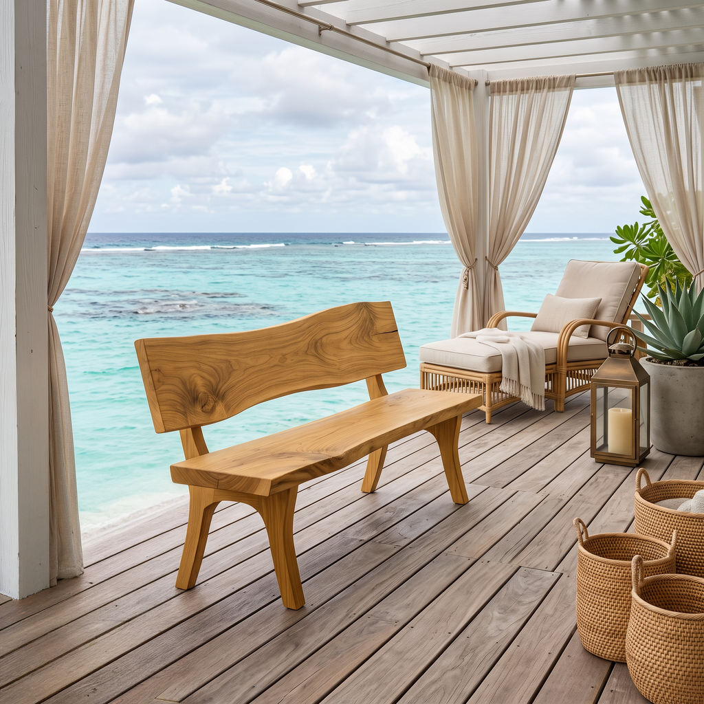 Contemporary Outdoor Wood Bench With Sculpted Back For Patio Or Courtyard