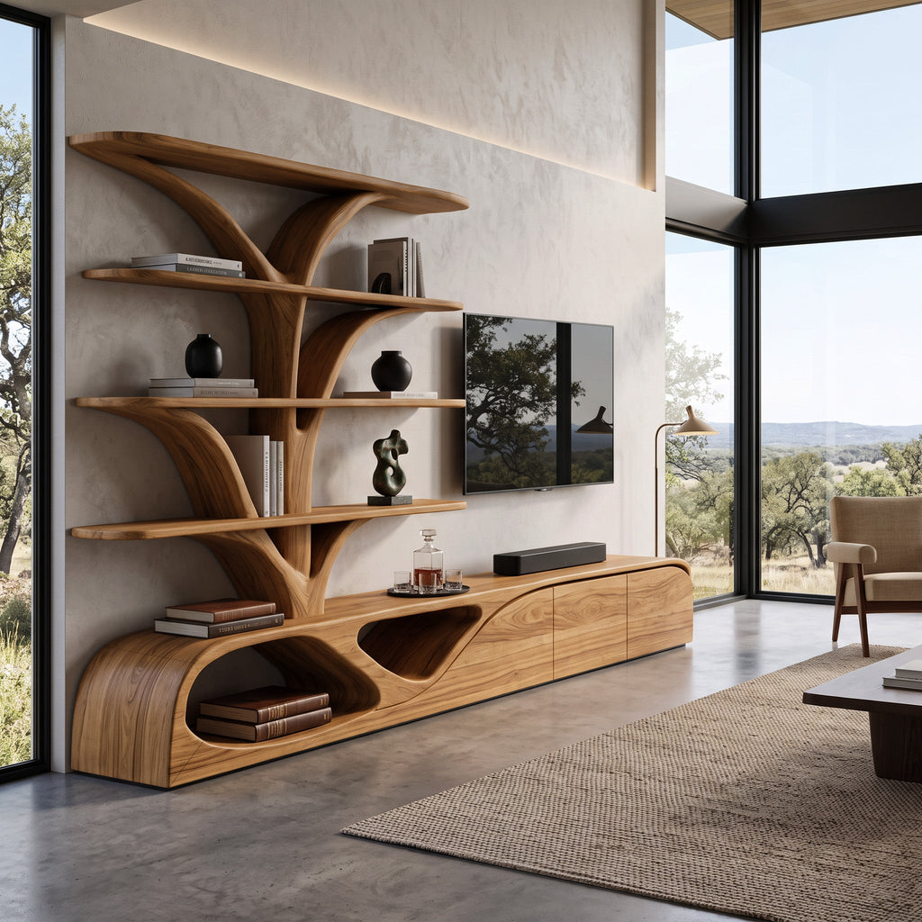 Organic TV Shelf With Tree Shape Bookshelf For Living Room