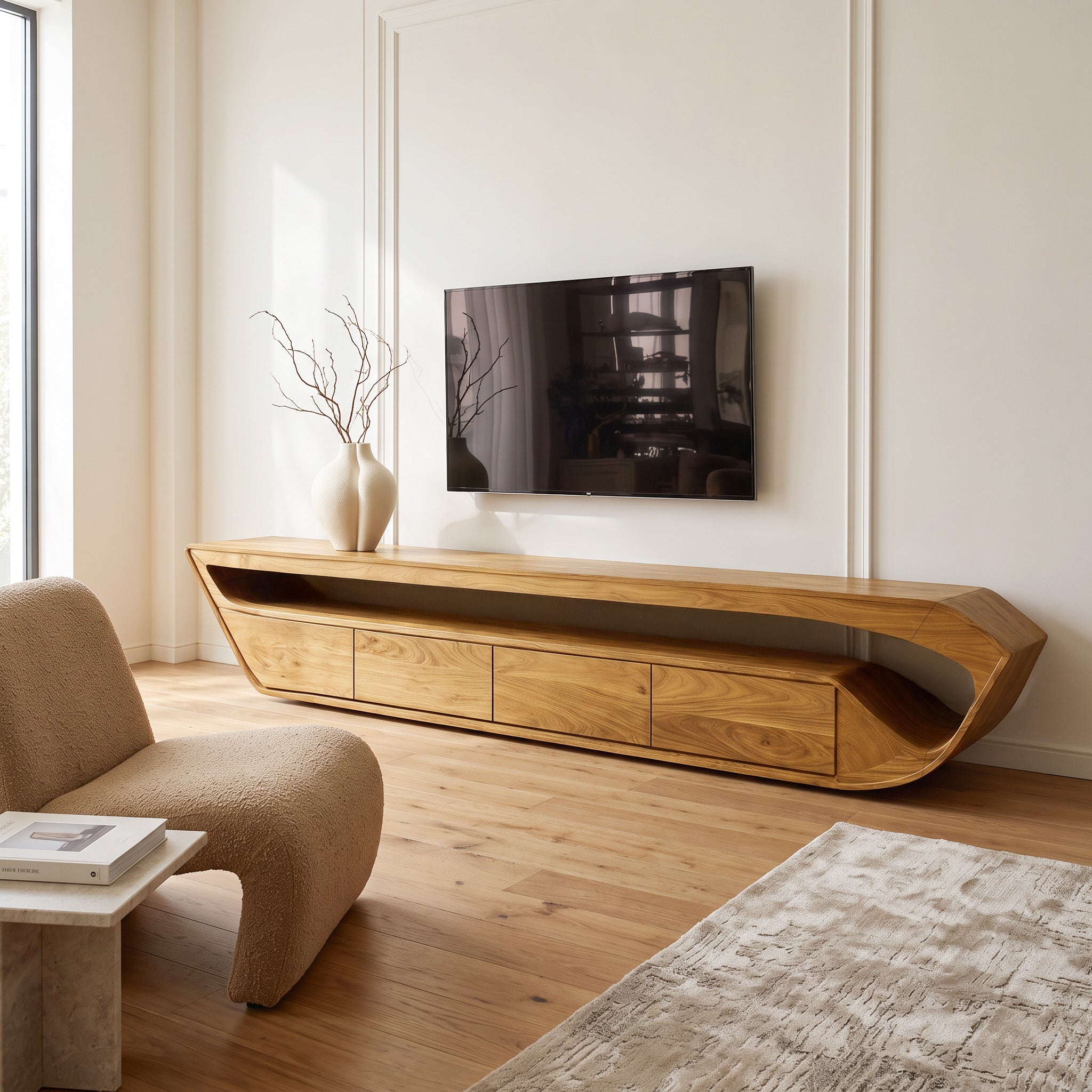 Modern Sculptural TV Console With Drawer For Living Room