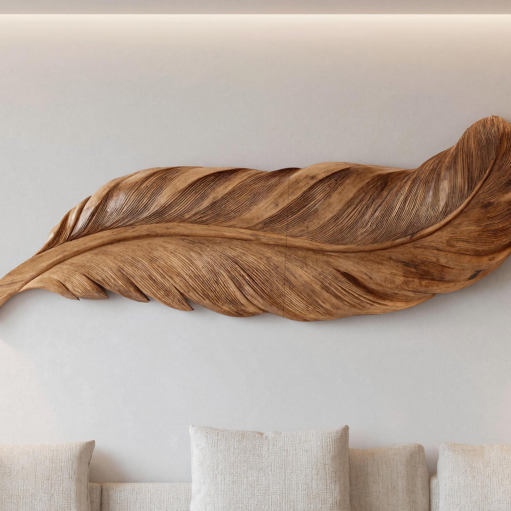 Organic Carved Feather Wall Art For Modern Living Room