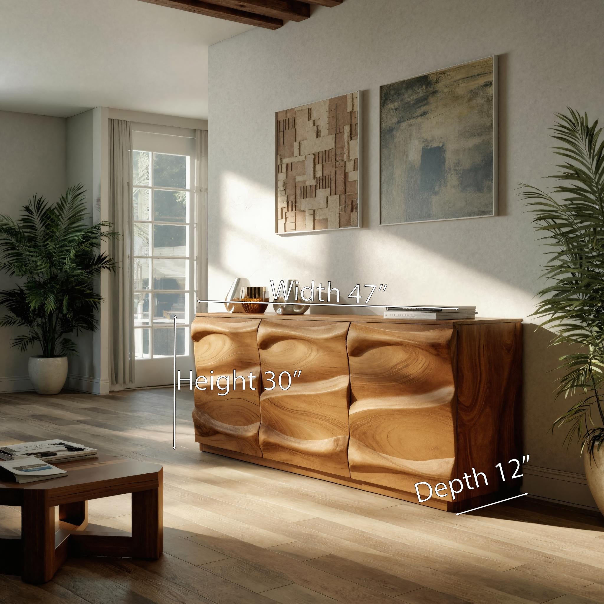 Handcrafted Sideboard With Sculptural Wave For Living Room