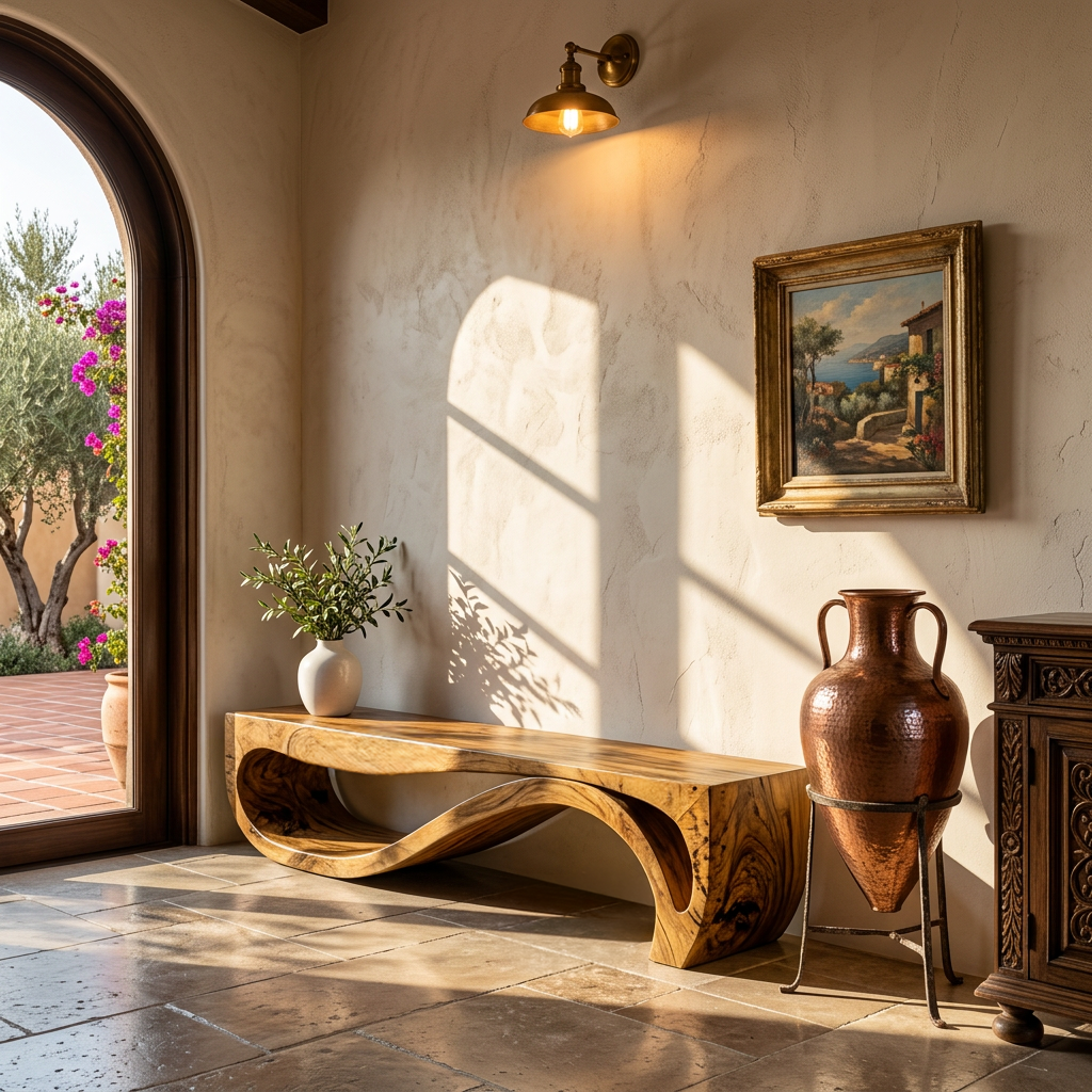 Sculptural Bench With Wave Design For Entryway