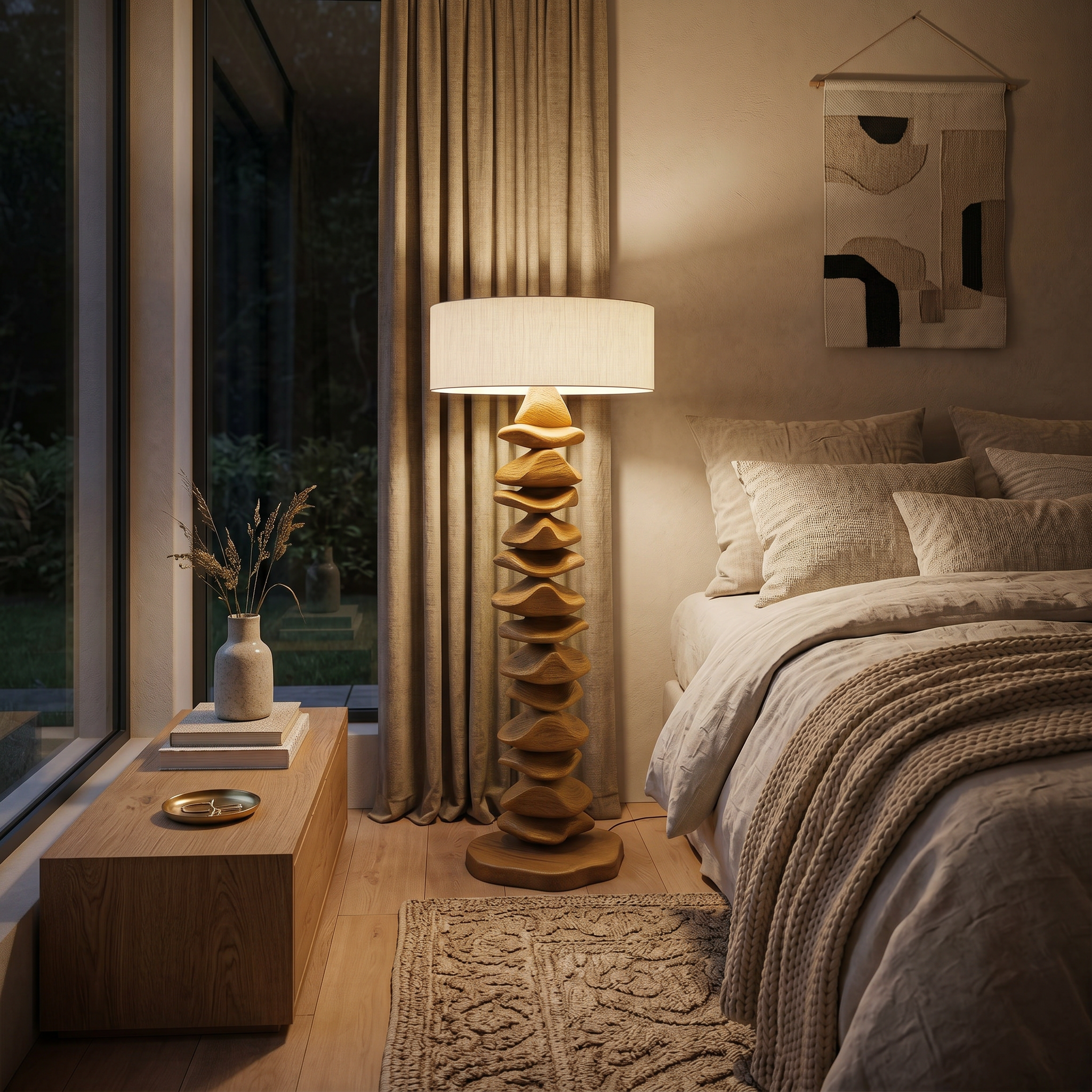 Handcrafted Sculptural Floor Lamp With Carved Base For Living Room
