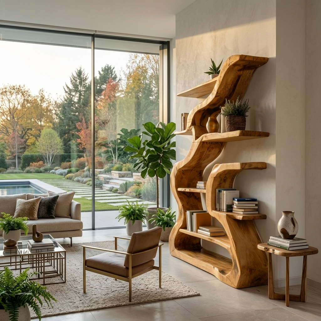 Organic Sculptural Bookshelf With Curved Design For Living Room