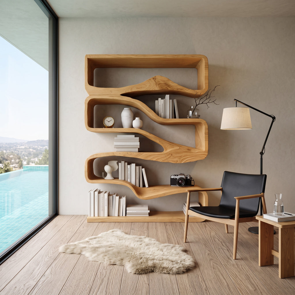 Modern Curved Bookshelf With Flowing Design For Bedroom
