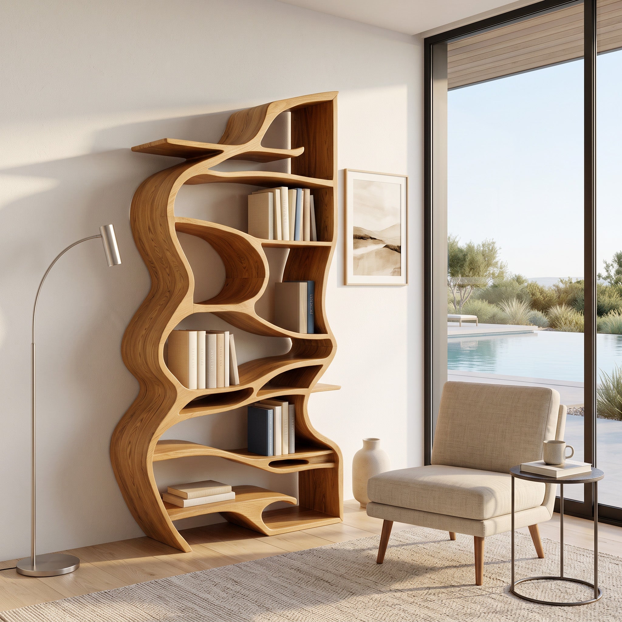 Handcrafted Sculpted Bookshelf With Organic Design For Living Room Or Office