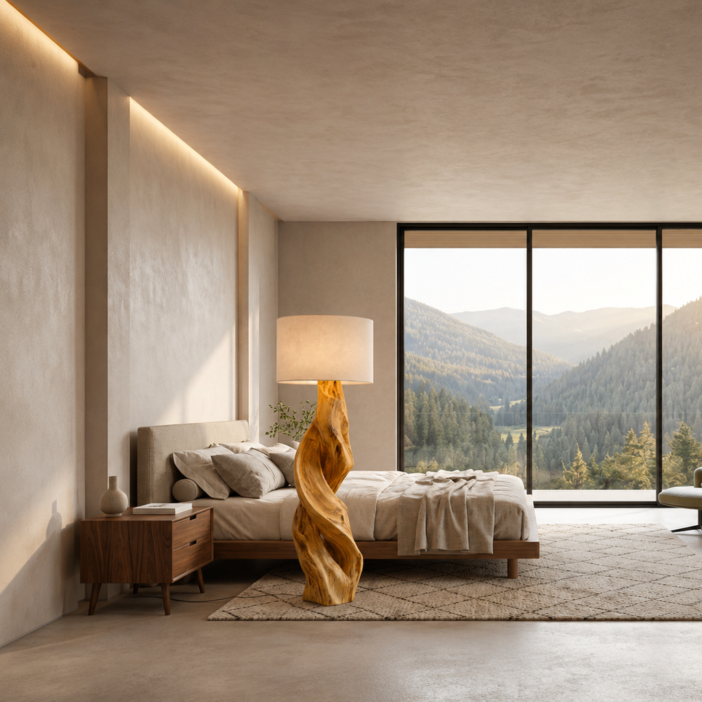 Rustic Sculptural Floor Lamp With Twisted Base For Bedroom