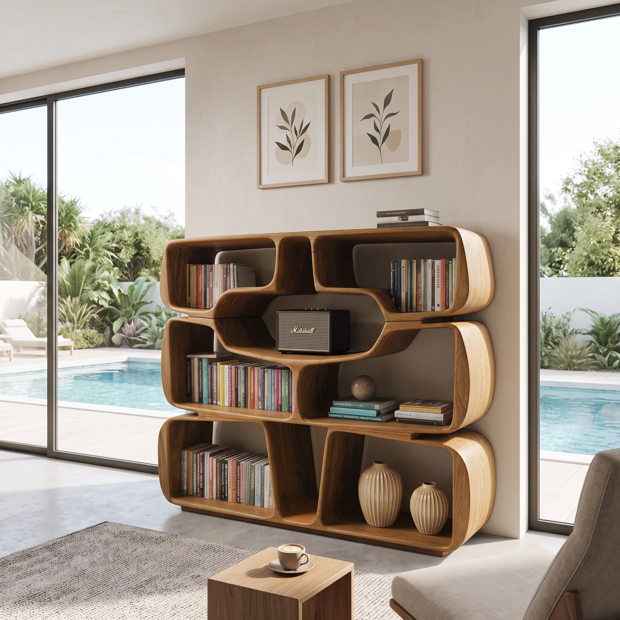 Modern Sculptural Bookshelf With Organic Curves For Living Room
