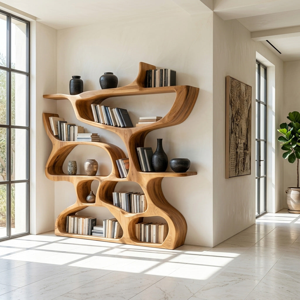 Modern Bookshelf With Organic Carved Design For Living Room Or Office