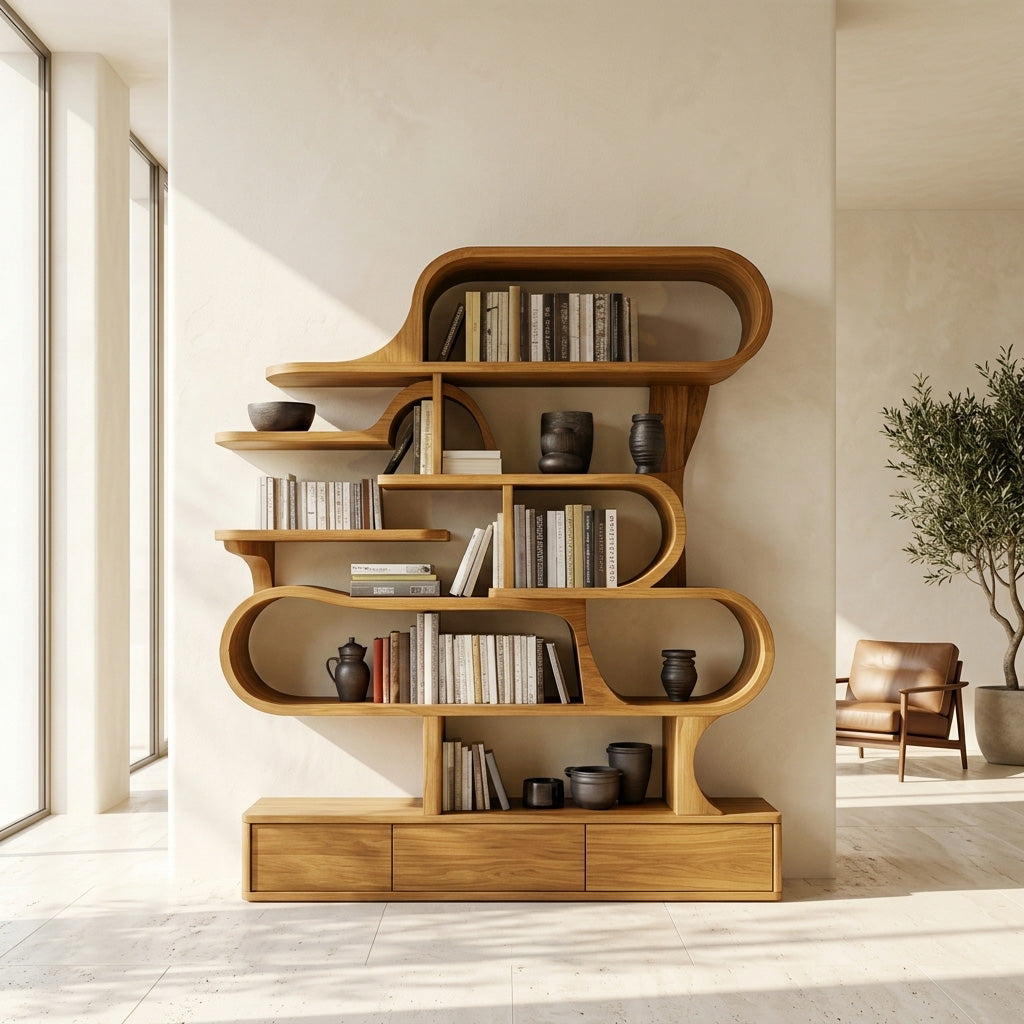 Modern Sculptural Bookshelf With Curved Design For Living Room Or Office