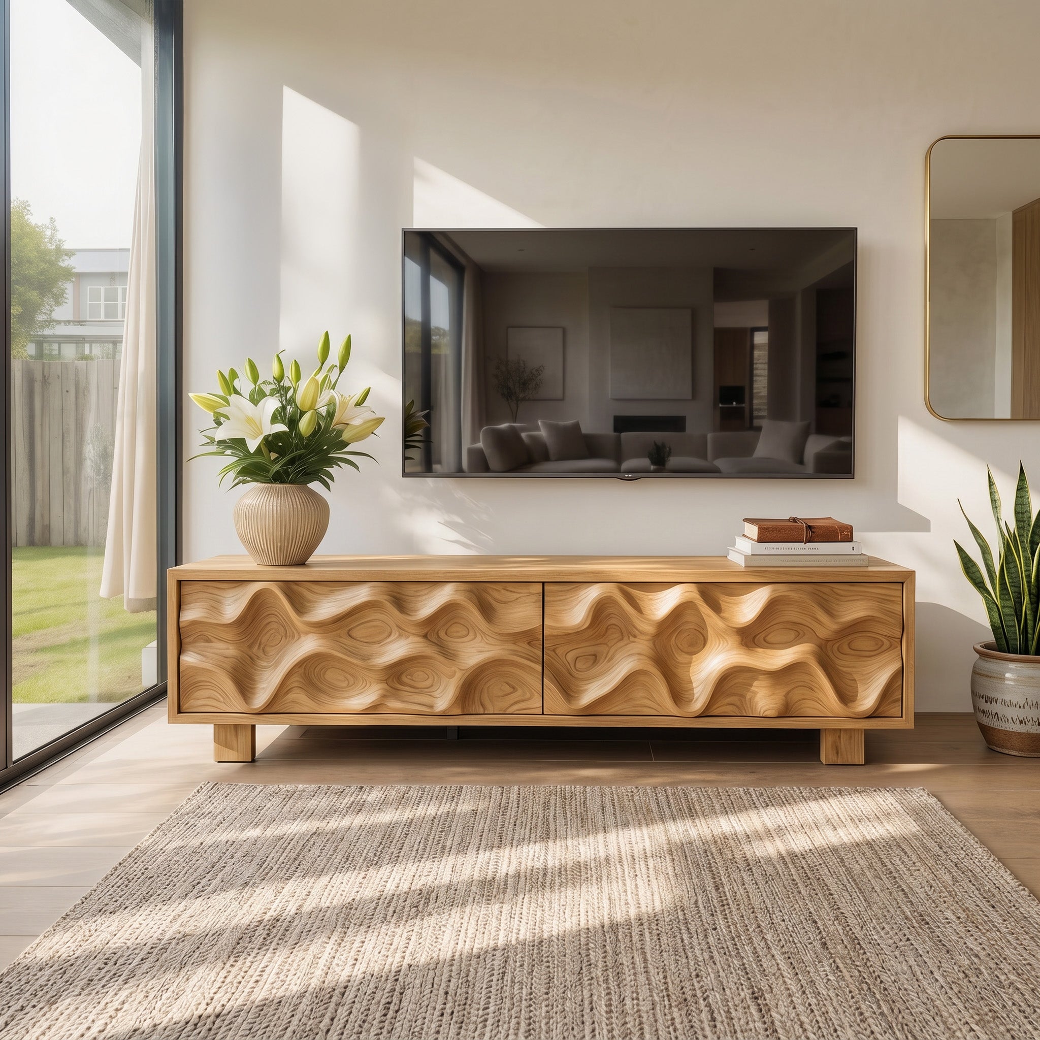 Hand Carved TV Stand With Wave Design For Living Room