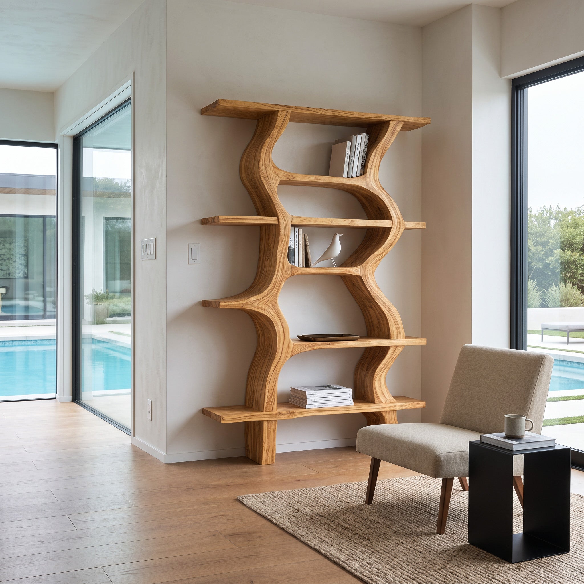 Modern Bookcase With Curved Open Shelf For Living Room