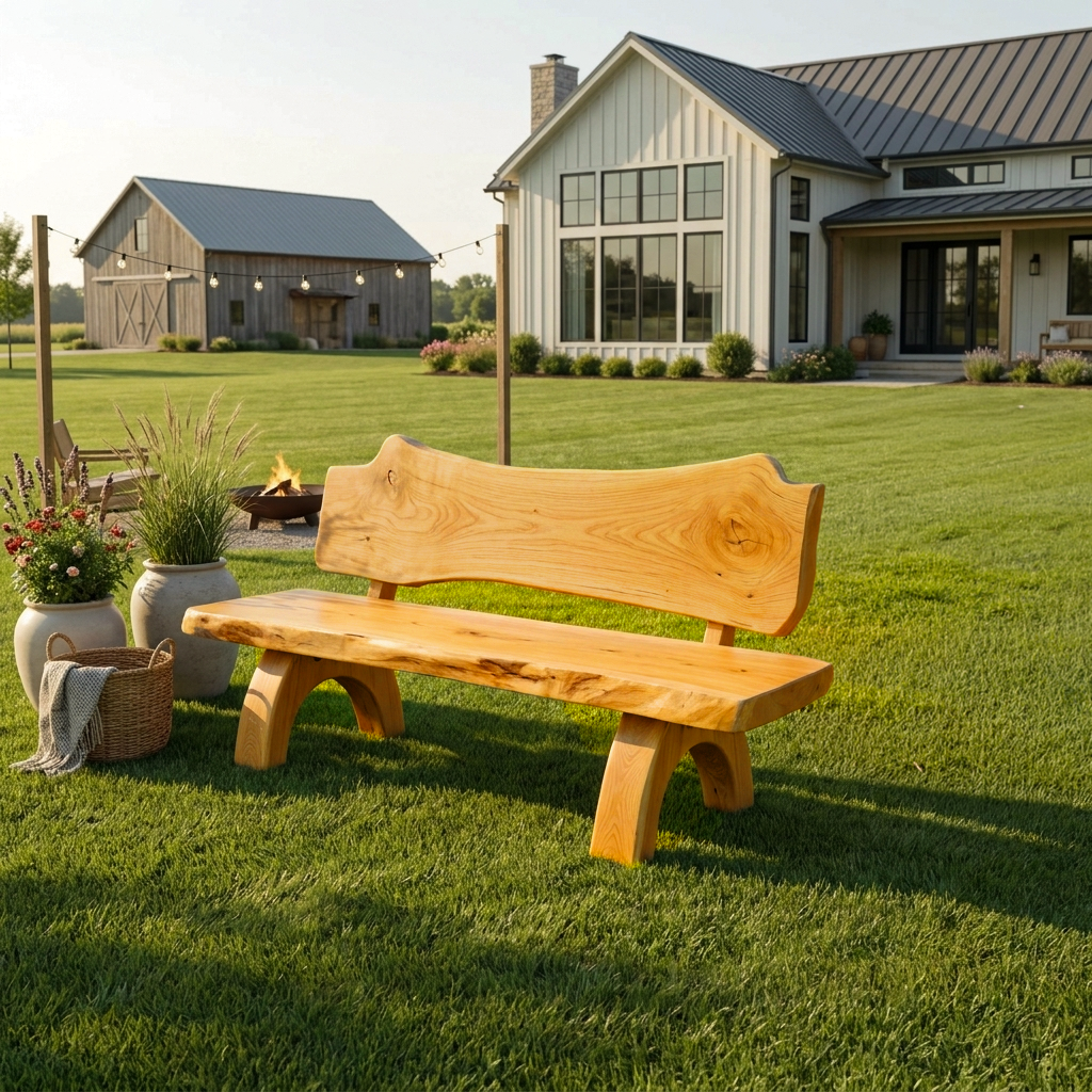 Rustic Live Edge Bench With Backrest For Patio Garden Courtyard