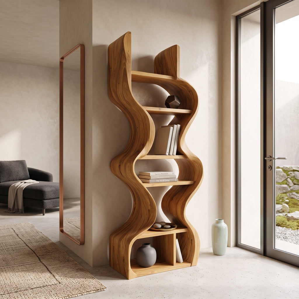 Organic Solid Wood Wall Bookcase For Modern Entryway