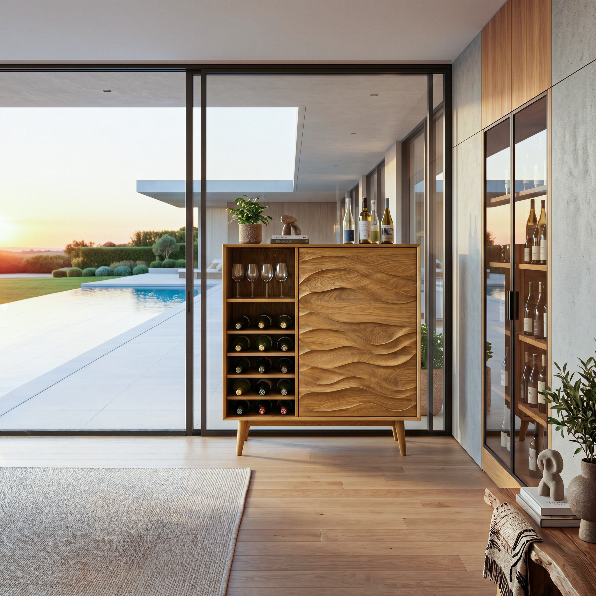 Sculptural Wine Cabinet With Wave Carved Doors For Kitchen