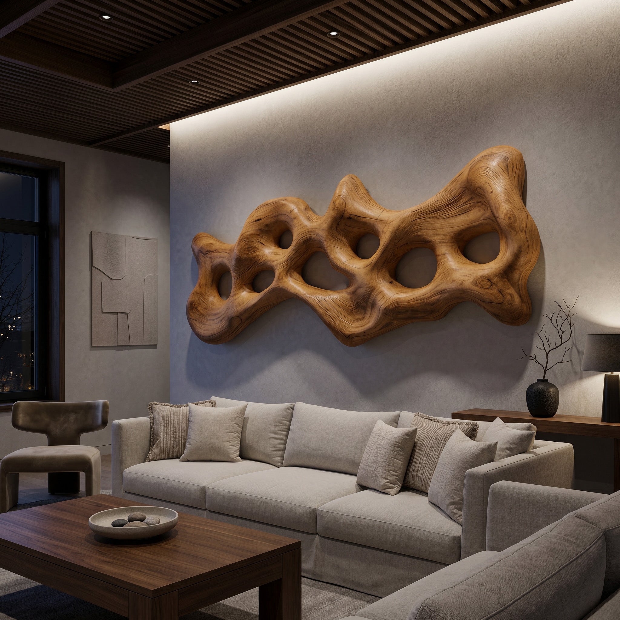 Organic Wall Art Sculpture With Carved Design For Living Room